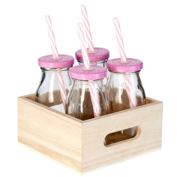 Set of 4 Glass Drinking Bottles with Wooden Crate