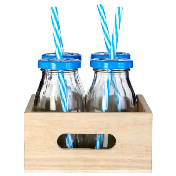 Set of 4 Glass Drinking Bottles with Wooden Crate