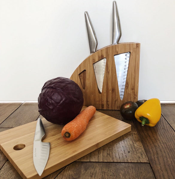 Chopaholic Oriental 3 Piece Chef's Knife Set with Professional Bamboo Knife Block and Chopping Board