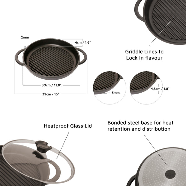 The Whatever Pan XL - Cast Aluminium Griddle Pan with Glass Lid